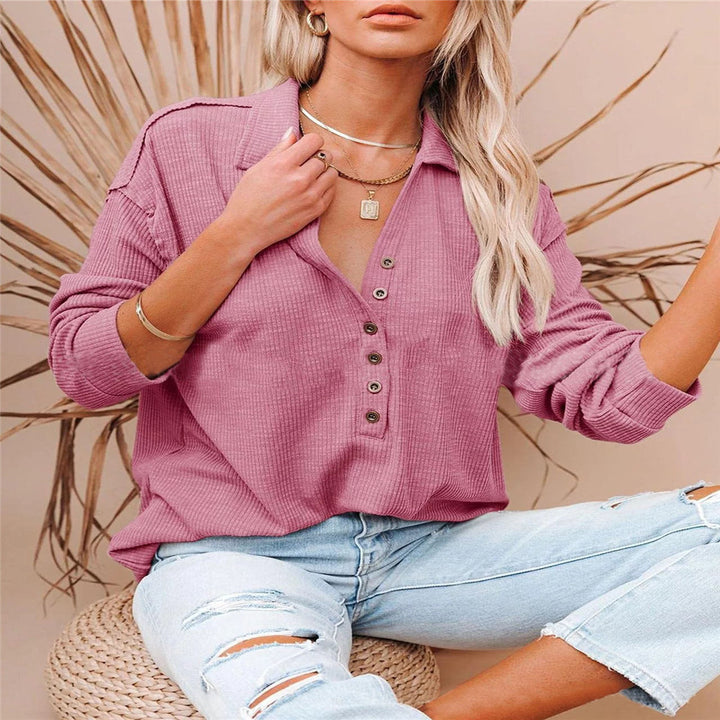 Women's casual waffle polo shirt with Henley button placket and dropped shoulder Mune Fashion