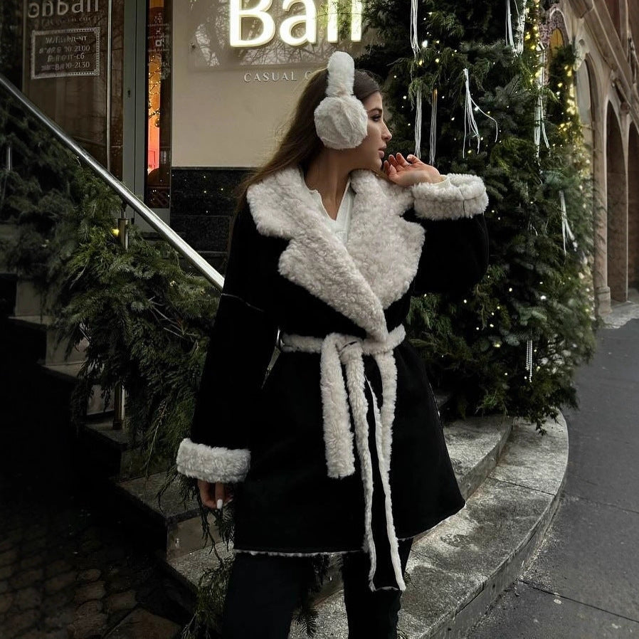 Women Short Oversized Winter Coat with Teddy Lining and Waist Belt Mune Fashion