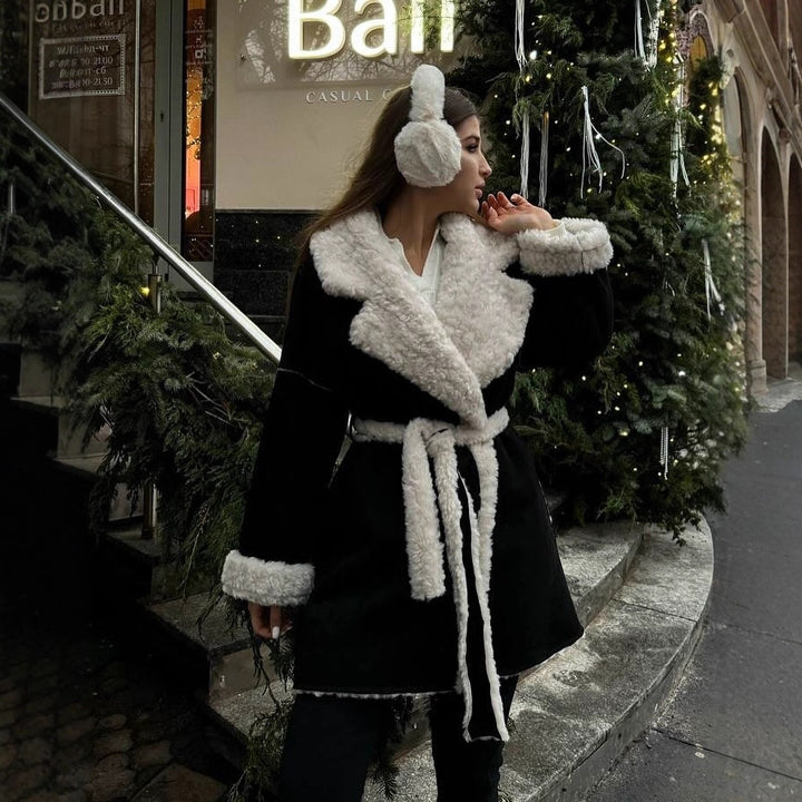 Women Short Oversized Winter Coat with Teddy Lining and Waist Belt Mune Fashion