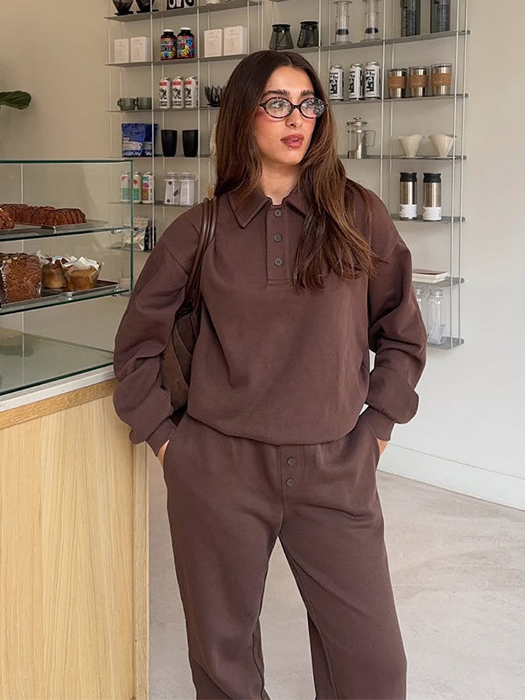 Women's Casual Polo Sweatset made of Organic Cotton Fleece with Oversized Sweater and High-Waist Jogger Mune Fashion