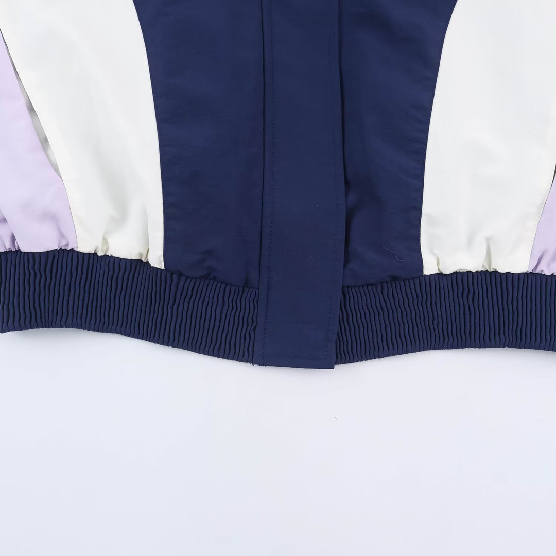 Women’s Cropped Colorblock Bomber Jacket with Oversized Shirt Collar and Elastic Hem