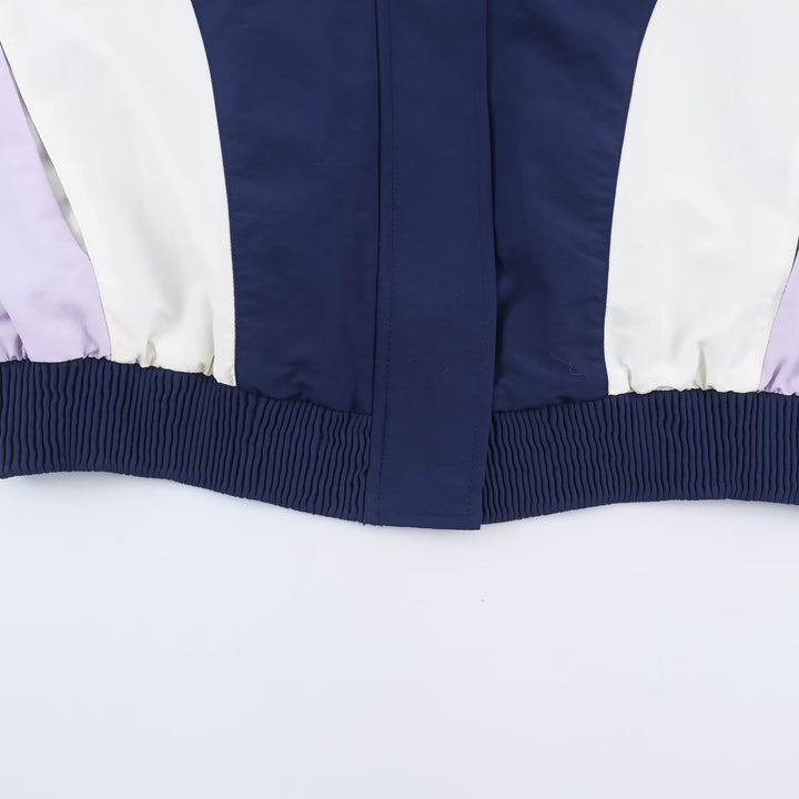 Women’s Cropped Colorblock Bomber Jacket with Oversized Shirt Collar and Elastic Hem