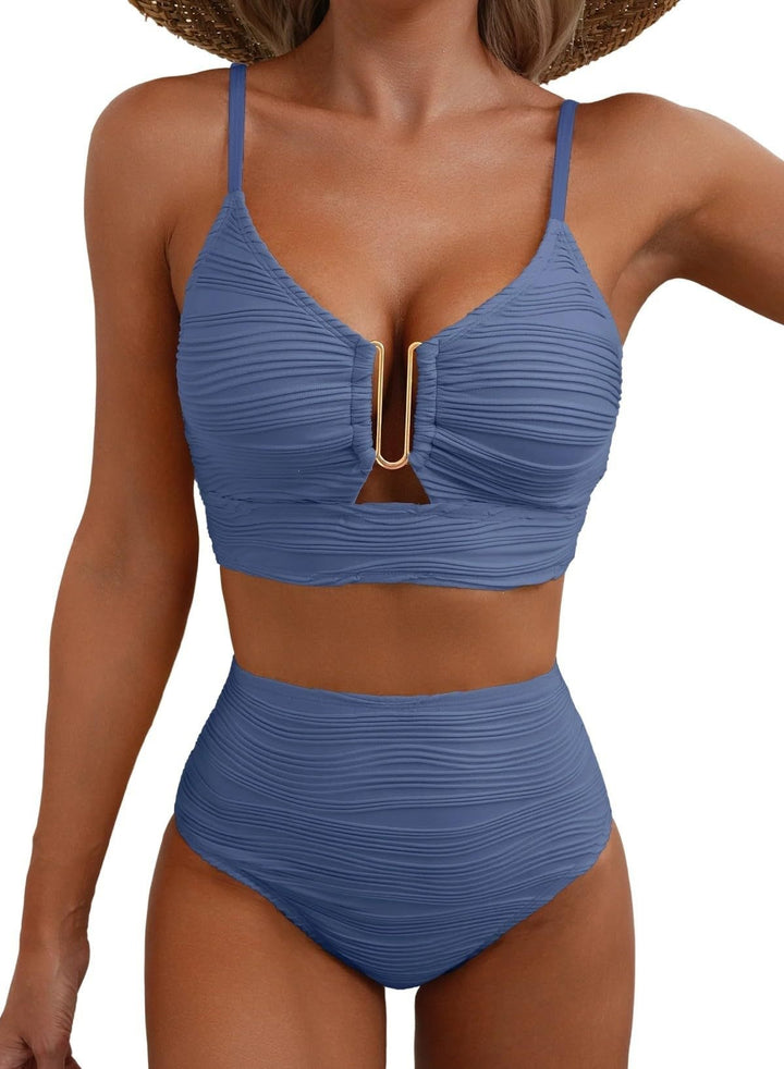 Women's High-Waisted Bikini Set with Fashionable Cut-Out Mune Fashion