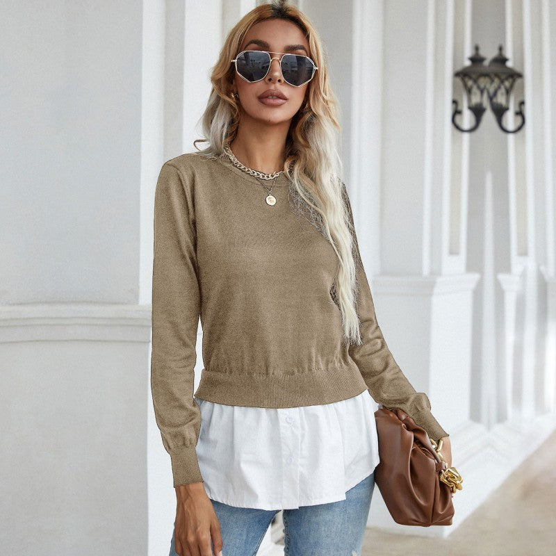 Women’s knitted sweater with integrated blouse trim and double-layer look Mune Fashion