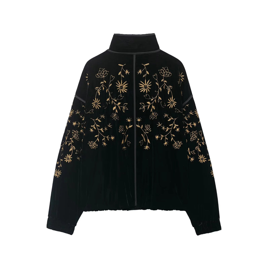 Ladies' velour bomber jacket with embroidered sleeves and stand-up collar Mune Fashion