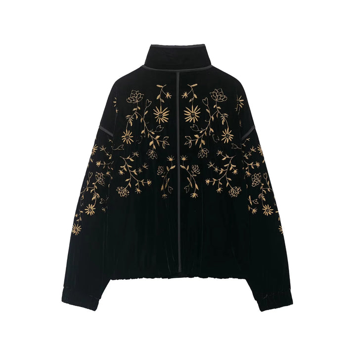 Ladies' velour bomber jacket with embroidered sleeves and stand-up collar Mune Fashion