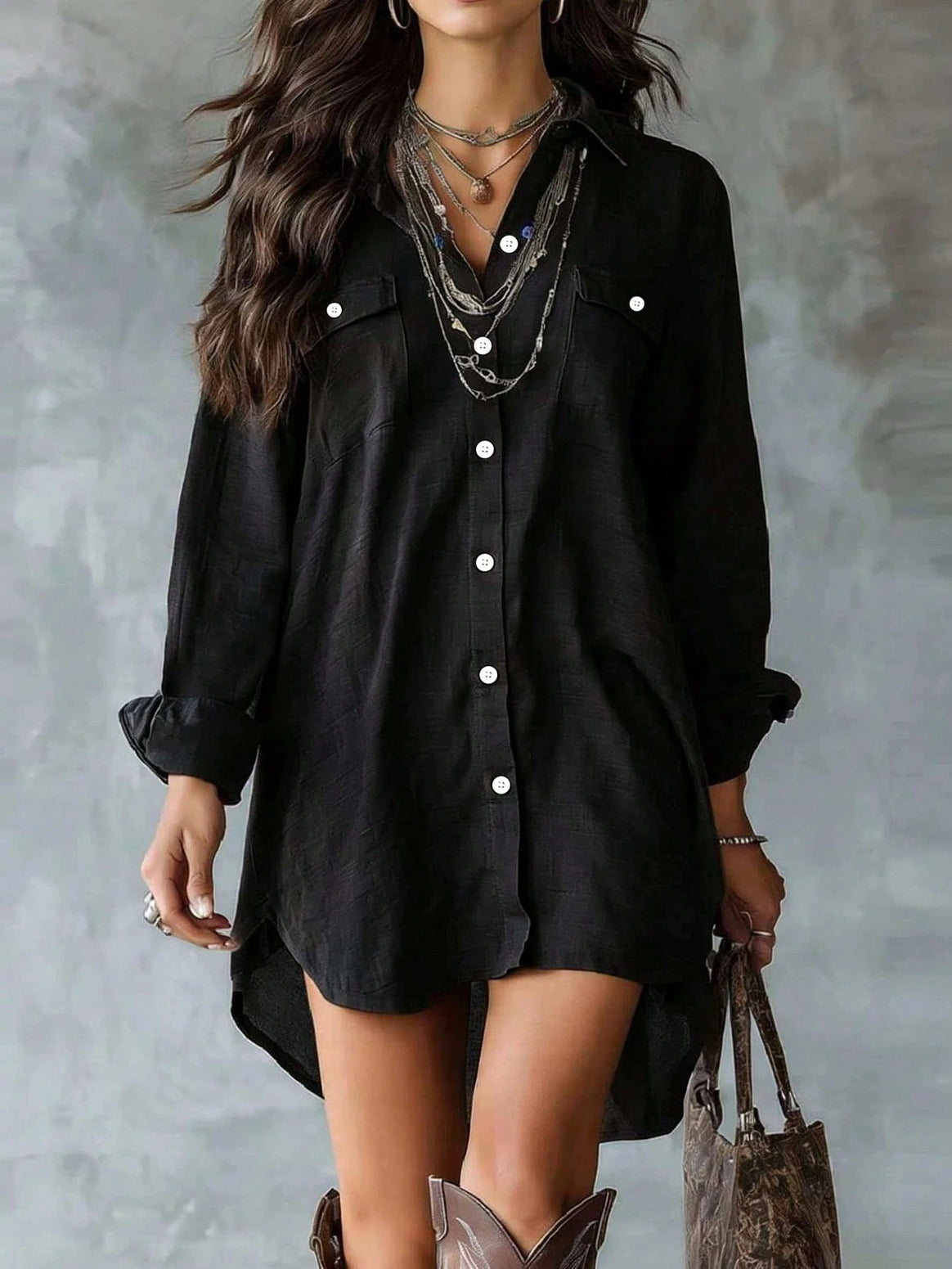 Women Loose Longline Shirt with Chest Pockets and High Hem Mune Fashion