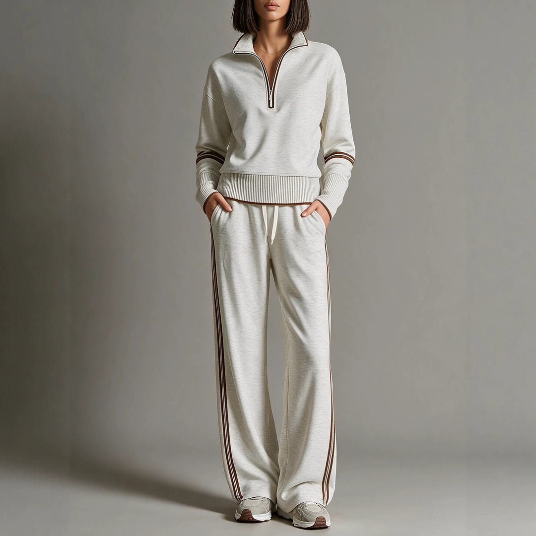 Women's Comfortable Knit Jogging Set with Stand-Up Collar, Half Zipper and Contrast Stripes Mune Fashion