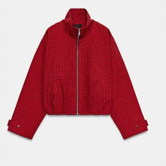Women's Cropped Bomber Jacket with Stand-up Collar, Check Pattern and Elastic Hem Mune Fashion