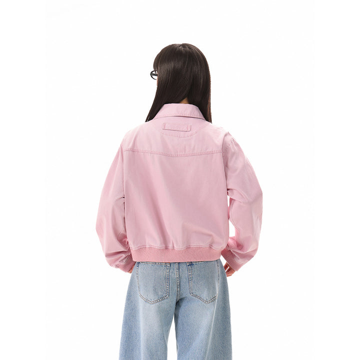 Women's cropped boxy bomber jacket made of cotton blend with flap pockets and full-length zipper Mune Fashion