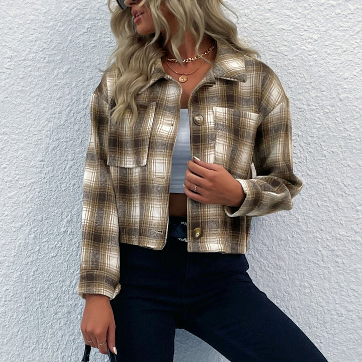 Women's Checked Cropped Transitional Jacket with Shirt Collar Mune Fashion
