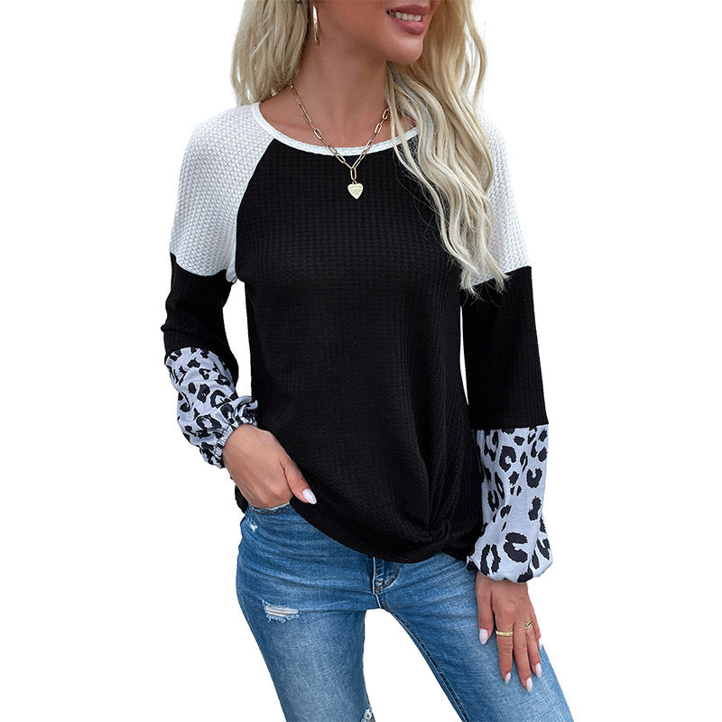 Women’s Asymmetrical Waffle Knit Shirt with Knot Hem and Leopard Cuffs Mune Fashion