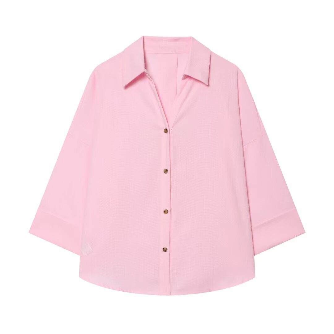 Women's Oversized Shirt Blouse with Boxy Cut, Three-Quarter Sleeves and Horn Button Placket Mune Fashion