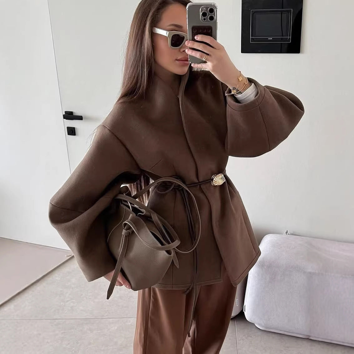 Women's Tailored Wrap Mortar Coat with Narrow Leather Belt and Shell Buckle Mune Fashion