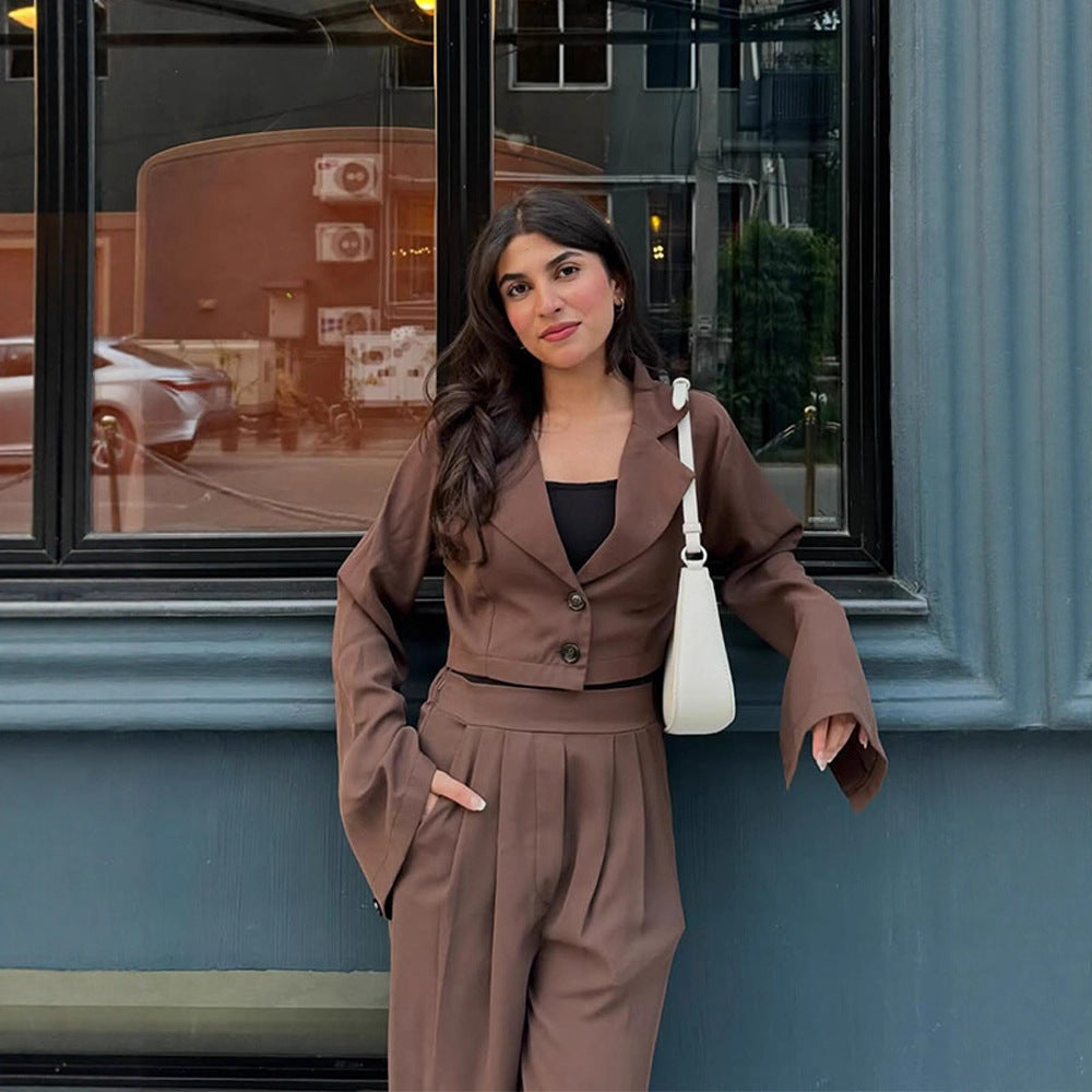 Women Two-Piece Tailoring Set Short Blazer with Bell Sleeves and High-Waist Palazzo Pants Mune Fashion
