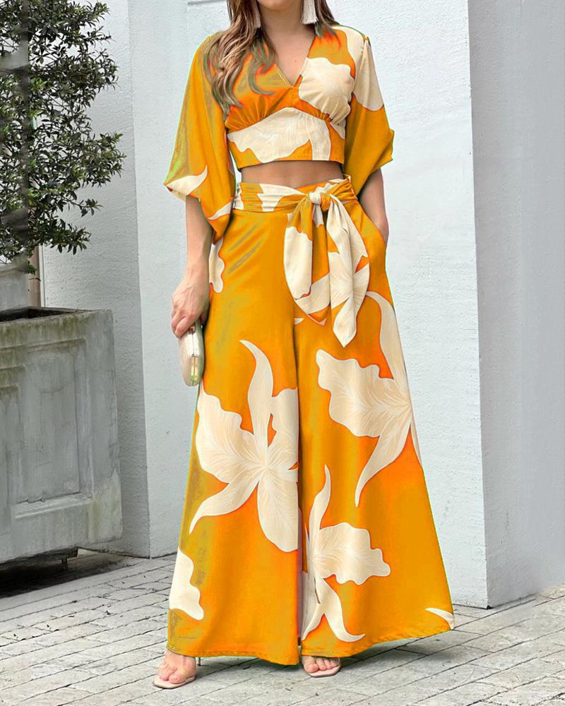 Women's Two-Piece Summer Set with Wrap Crop Top and High-Waist Palazzo Pants EB