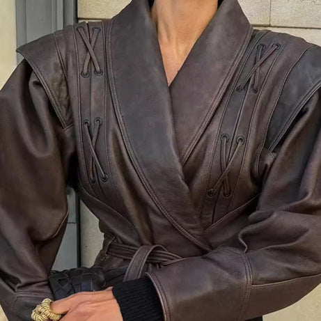 Women's longer tailored faux leather coat with shawl collar and tie belt Mune Fashion
