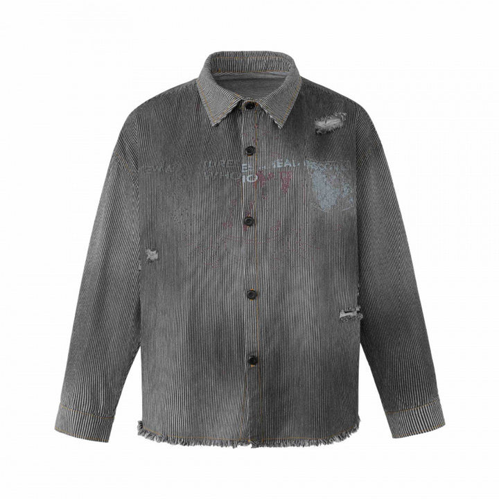 Unisex Boxy Overshirt Jacket made of Fine Cord with Used Effect, Fringes and Button Placket Mune Fashion