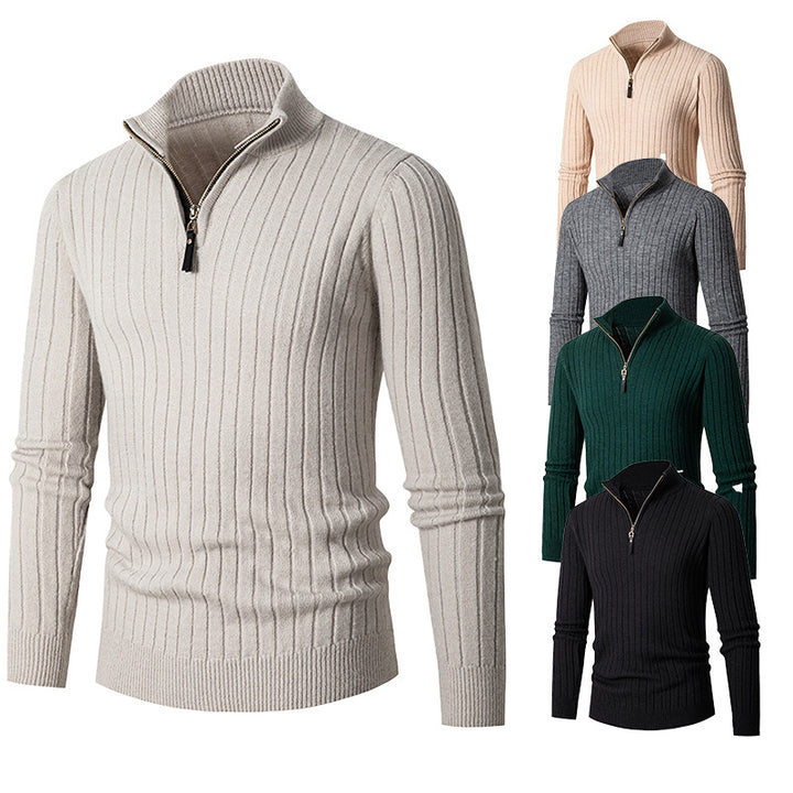 Men's ribbed turtleneck sweater with half zipper and stand-up collar Mune Fashion