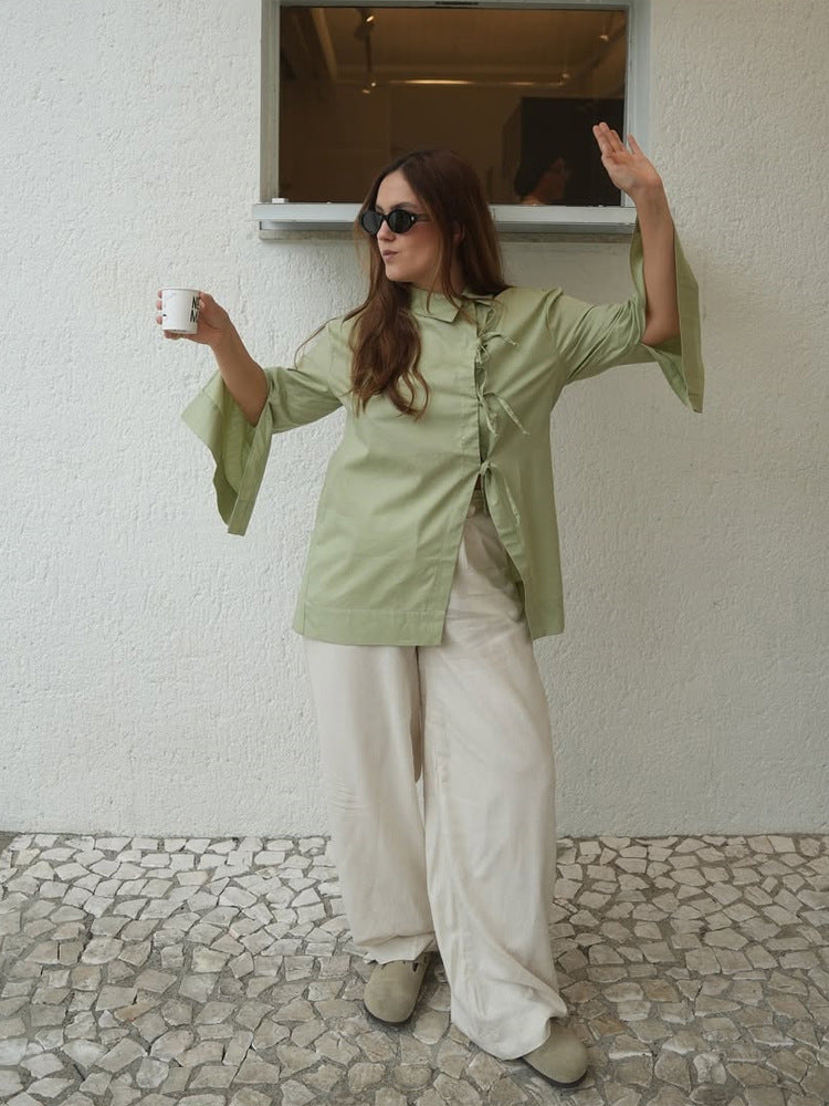 Women’s Stand Collar Tunic with Ties & Asymmetric A-Line Mune Fashion