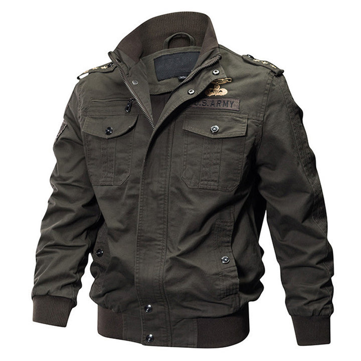 Men's military-inspired cotton canvas bomber jacket with high stand-up collar and chest flap pockets Mune Fashion