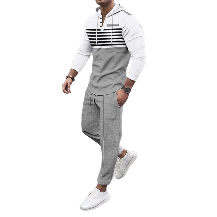 Men's Henley Hoodie Lounge Set with Striped Yoke, Half Placket, and Tapered Jogging Pants Mune Fashion
