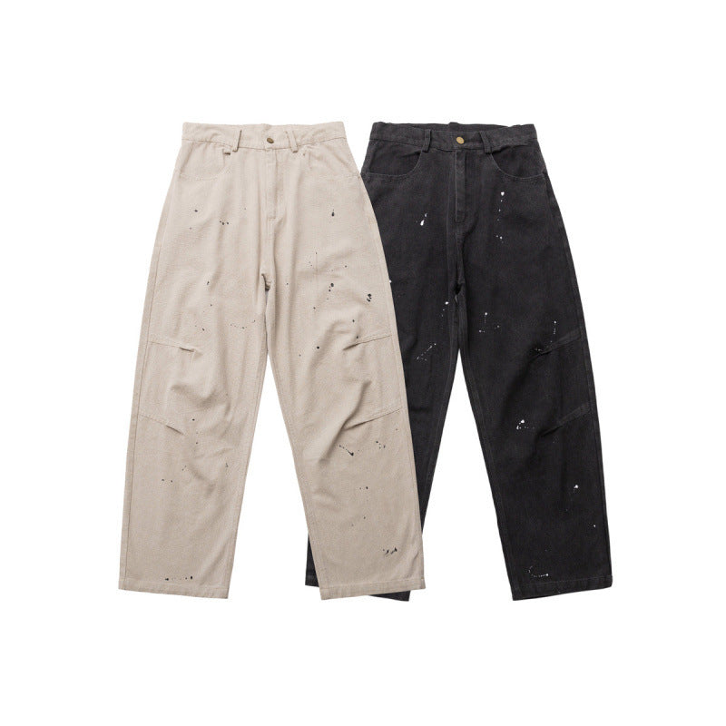 Men's Wide Relaxed-Fit Denim Pants with Paint Splatter, Knee Patches, and High Waist Mune Fashion