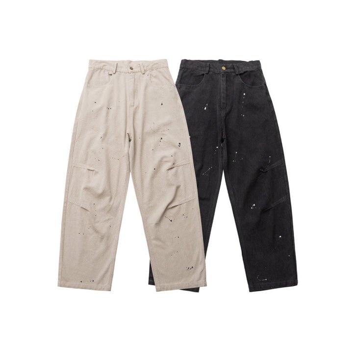 Men's Wide Relaxed-Fit Denim Pants with Paint Splatter, Knee Patches, and High Waist Mune Fashion