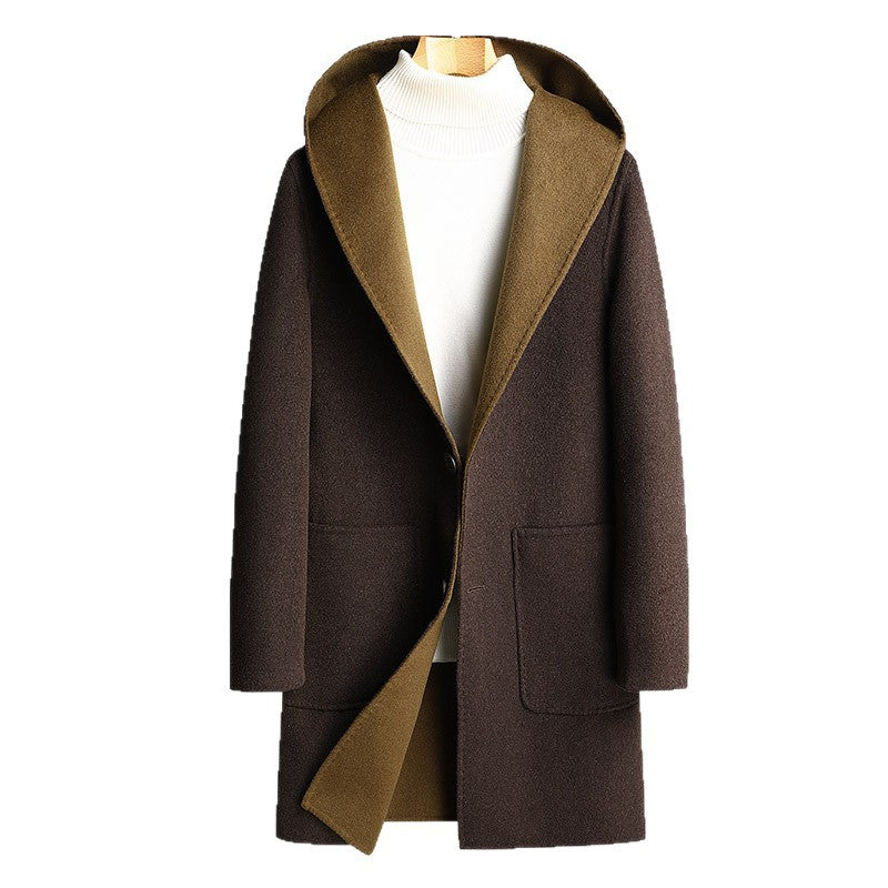 Men's knee-length wool blend coat with large hood and patch pockets Mune Fashion