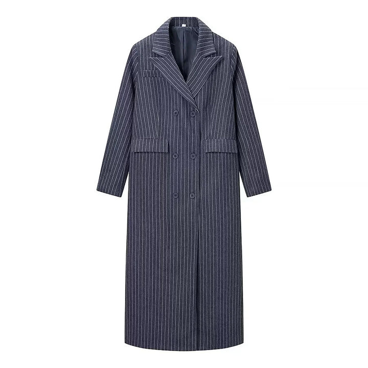 Ladies elegant longer double-breasted coat with pinstripes, shawl collar and patch pockets Mune Fashion
