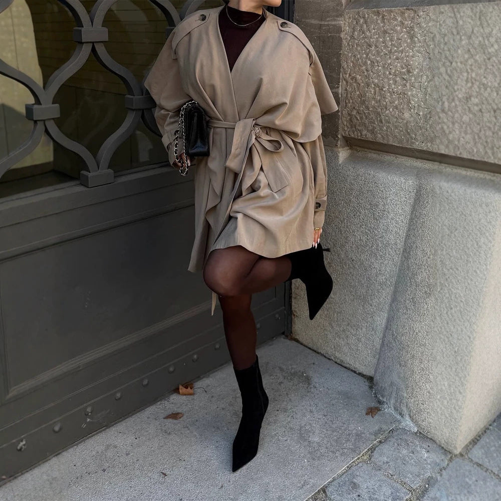 Women's Short Asymmetrical Wrap Coat with Ruffle Overlay and Tie Belt Mune Fashion