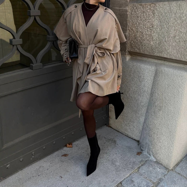 Women's Short Asymmetrical Wrap Coat with Ruffle Overlay and Tie Belt Mune Fashion