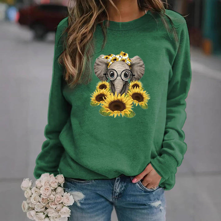Women’s sweatshirt with elephant print, sunflower motif, and soft fleece Mune Fashion