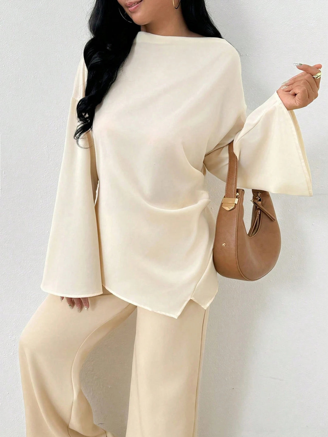 Women oversized satin tunic with boat neck and wide trumpet sleeves Mune Fashion