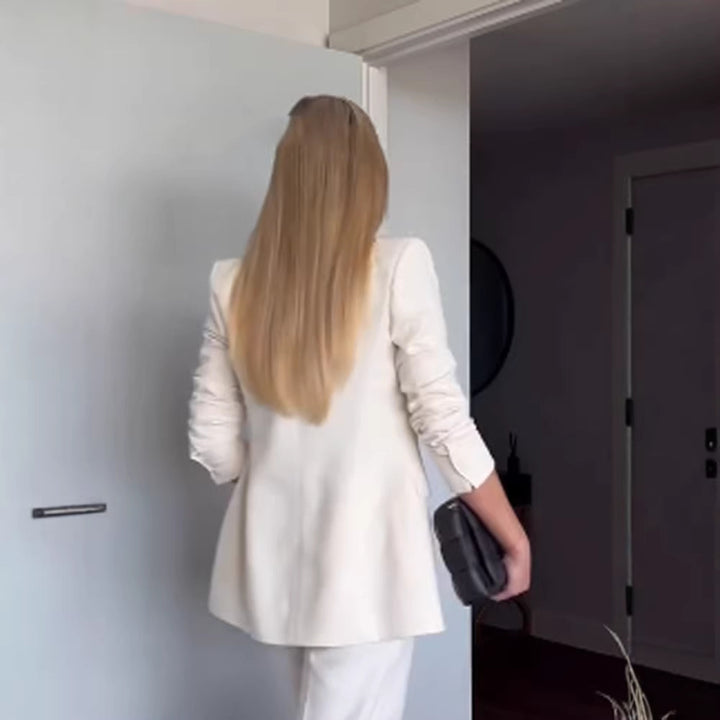 Women Fitted Double-Breasted Long Blazer with Light Shoulder Pads and Clean Lapels Mune Fashion