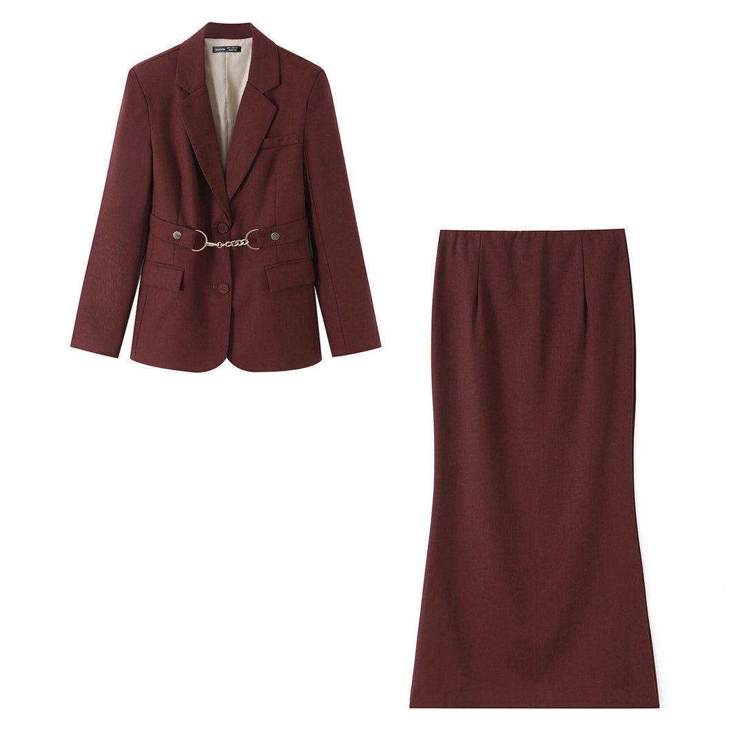 Women's Fitted Blazer and Midi Skirt Set with Decorative Chain Belt Mune Fashion
