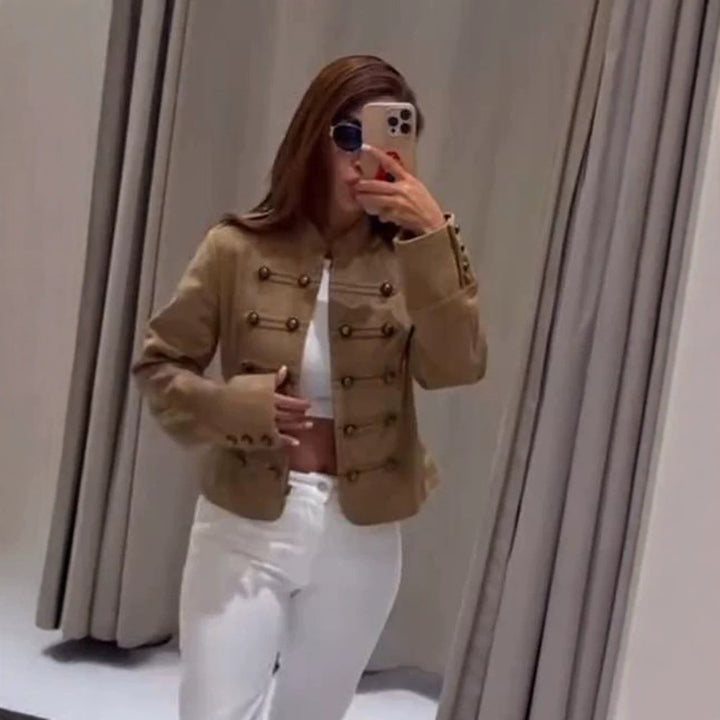 Women's tailored military jacket made of wool blend with stand-up collar and double button placket Mune Fashion