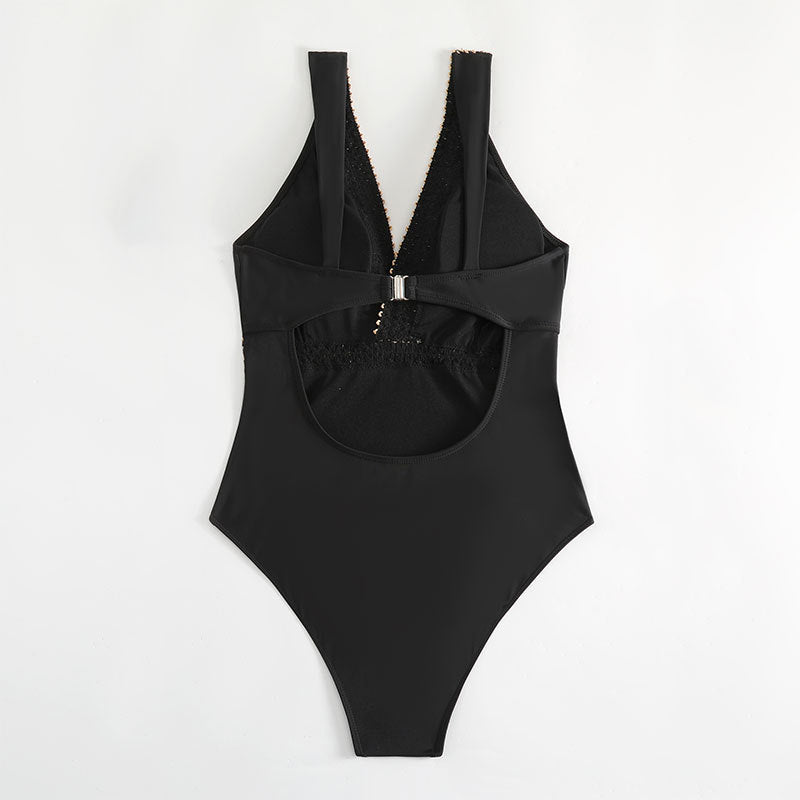 Women High-Quality One-Piece Swimsuit with Deep V-Neck and Elegant Jewelry Details Mune Fashion
