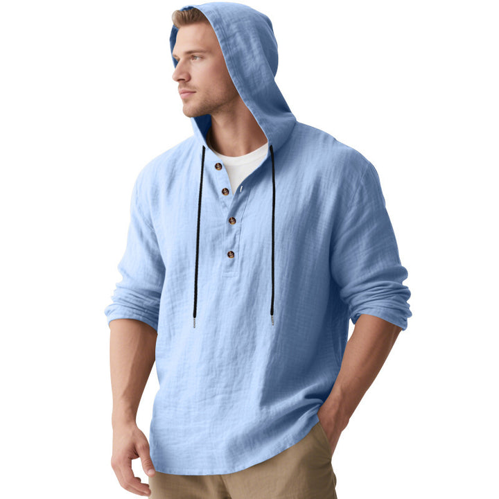 Men's Casual Hooded Henley Linen Blend Overshirt with Drawstring Mune Fashion
