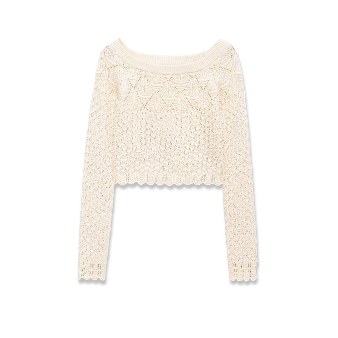 Women Knitted Cropped Fine Knit Top with Lace Pattern and Boat Neck Mune Fashion