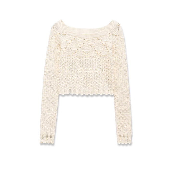 Women Knitted Cropped Fine Knit Top with Lace Pattern and Boat Neck Mune Fashion