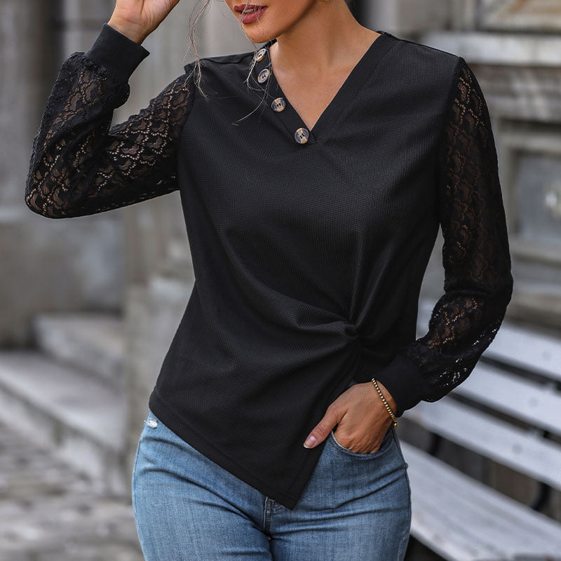 Women’s V-Neck Blouse Shirt with Lace Sleeves, Asymmetrical Button Placket and Knot Front Mune Fashion