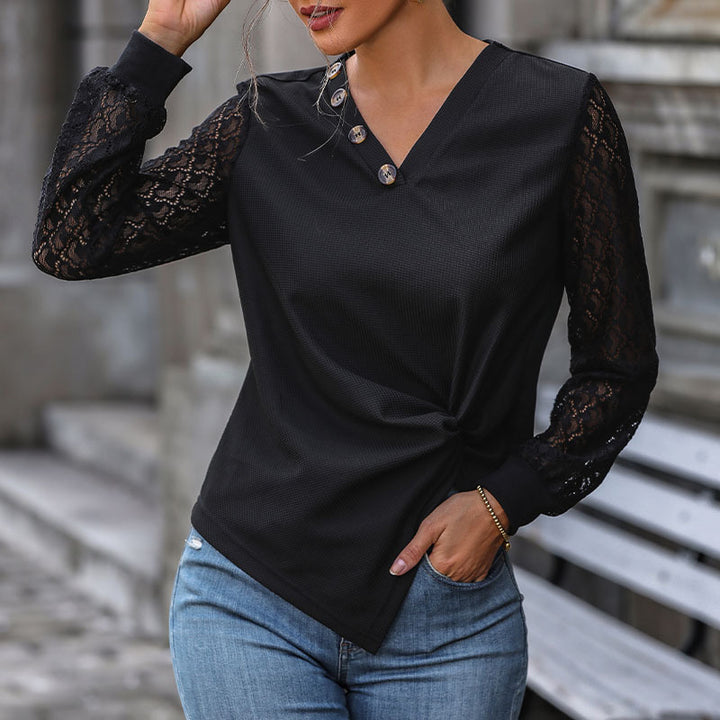 Women’s V-Neck Blouse Shirt with Lace Sleeves, Asymmetrical Button Placket and Knot Front Mune Fashion