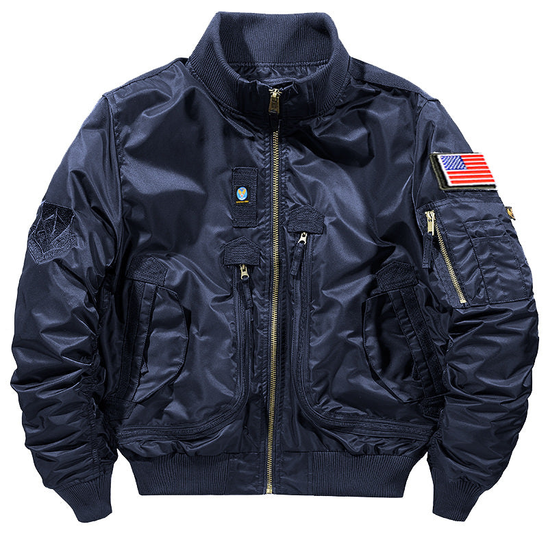 Men's urban bomber jacket in pilot style with multiple zipper and Velcro pockets.