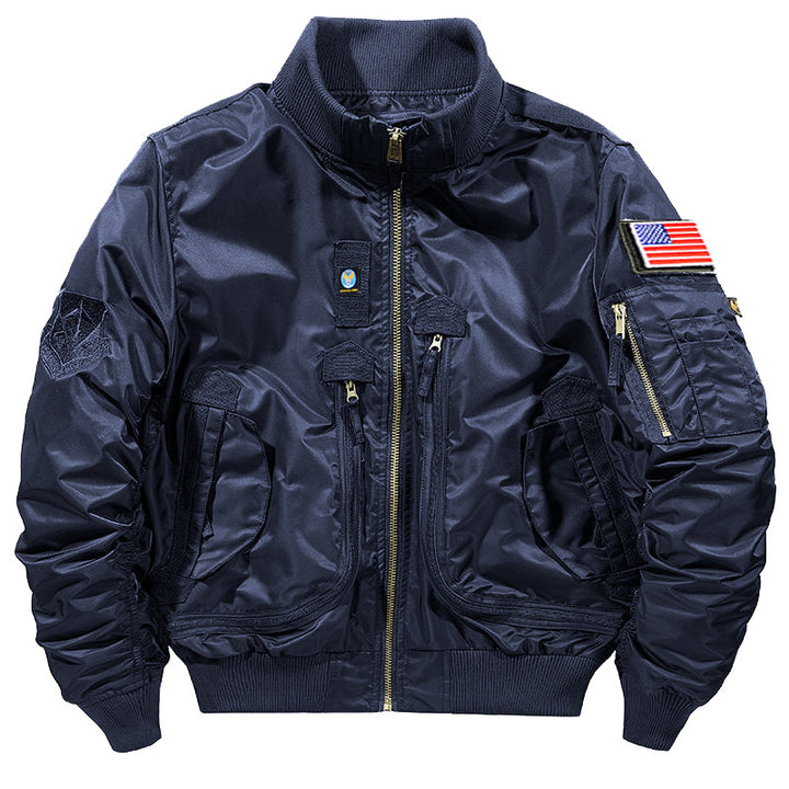 Men's urban bomber jacket in pilot style with multiple zipper and Velcro pockets.