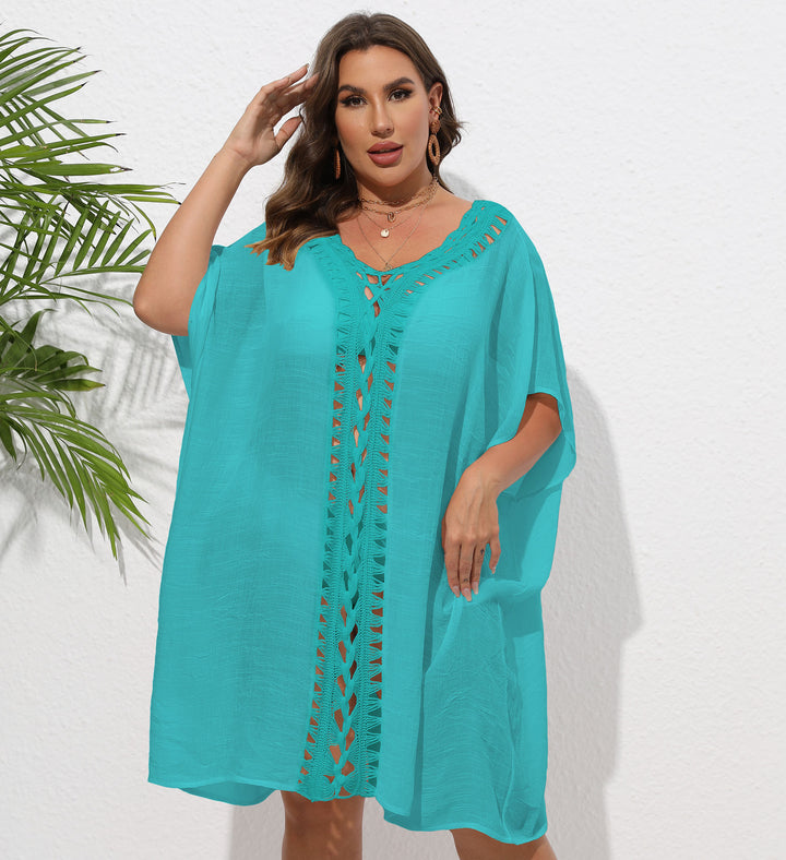 Women Airy Beach Kimono with Decorative Crochet Lace Mune Fashion