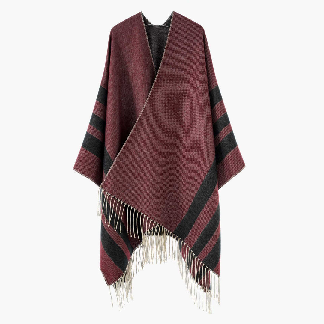 Women's Large Wool Blend Fringe Poncho with Diagonal Contrast Stripes Mune Fashion