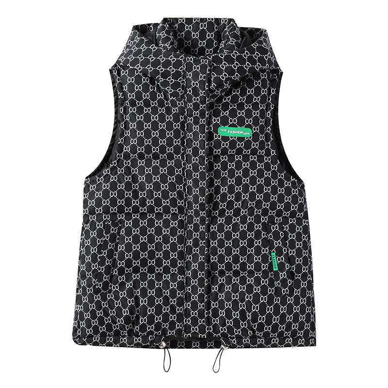 Women's quilted hooded vest with all-over logo print, padded insulation, adjustable hem, and concealed zip pockets Mune Fashion