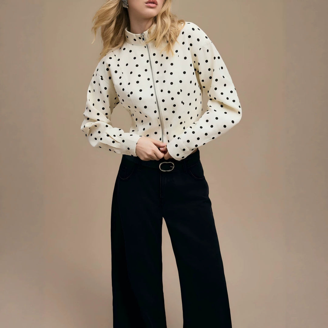 Women's Polka Dot Short Jacket with Stand Collar and Zipper Drune