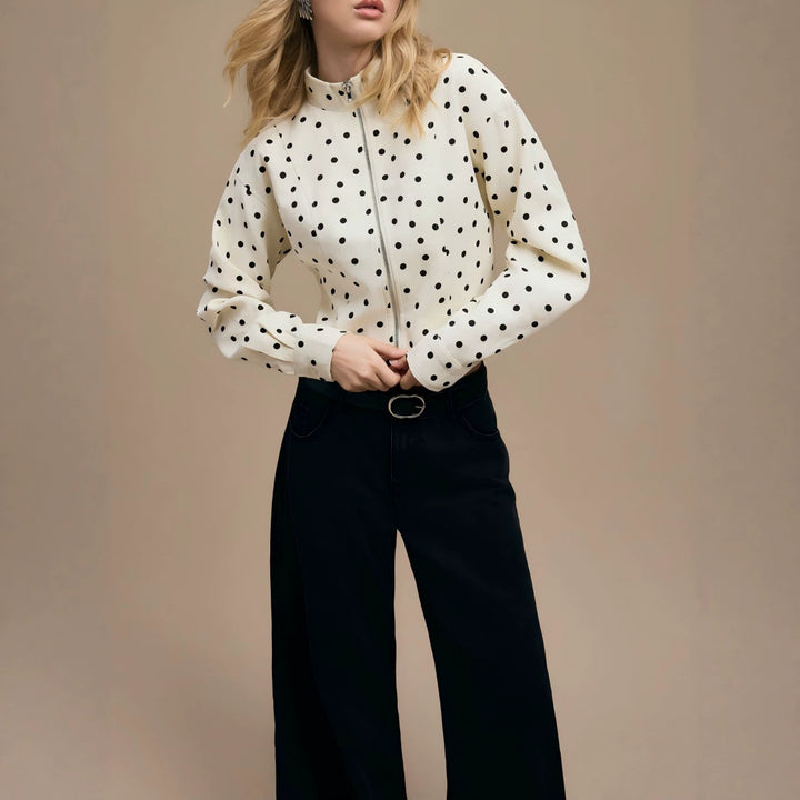Women's Polka Dot Short Jacket with Stand Collar and Zipper Drune